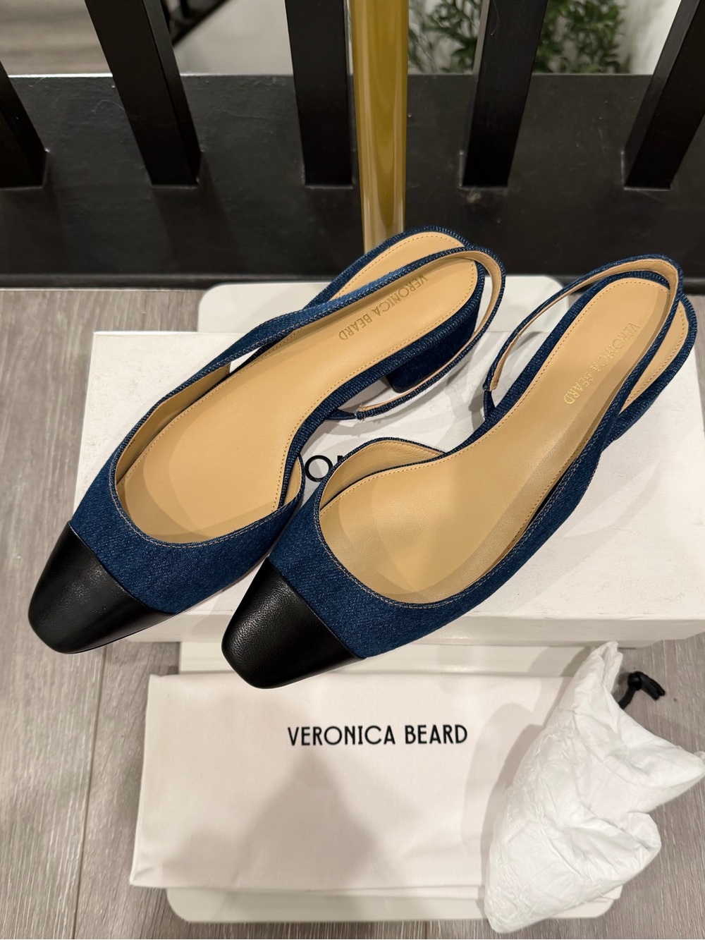 Veronica Beard Denim & Genuine Leather Slingback Low Heels